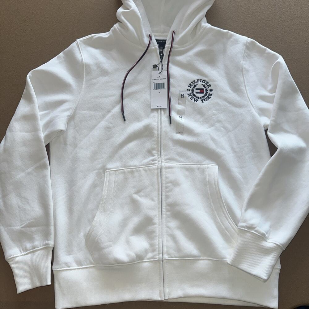 Tommy Hilfiger Hoodie Mens Medium White Nautical Anchor Full Zip Sweatshirt